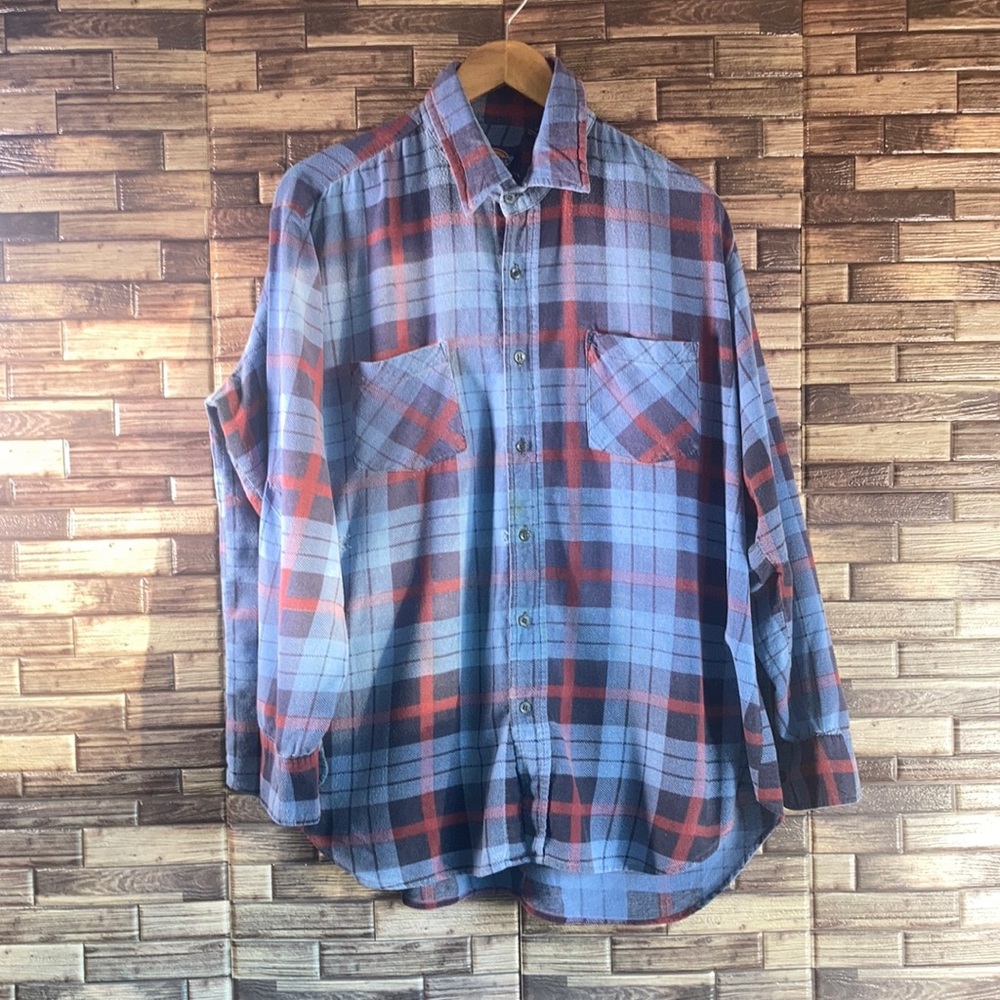 Vintage Y2K Mens Distressed Dickies Blue and Red Plaid Light Flannel XL
